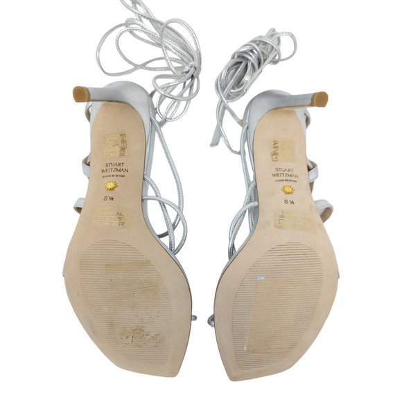 Stuart Weitzman Astrid Silver Leather Ankle Wrap Sandal Pumps Size 8.5 - Picture 3 of 8